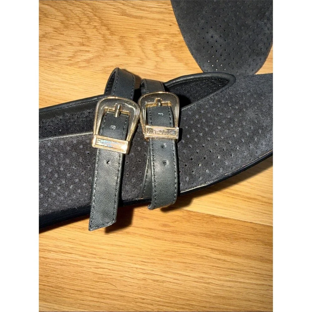 Dolce Vita Baylee Black Suede Perforated Ballet Flats Gold Buckles Size 8